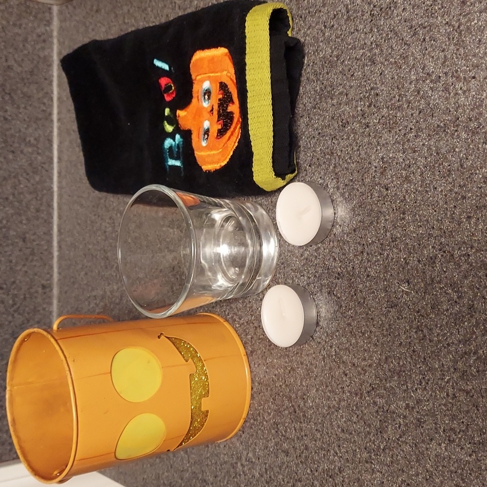 Y2k Halloween Decor - Candleholder, Pumpkin Tin & Towel - 3 Piece Set EUC